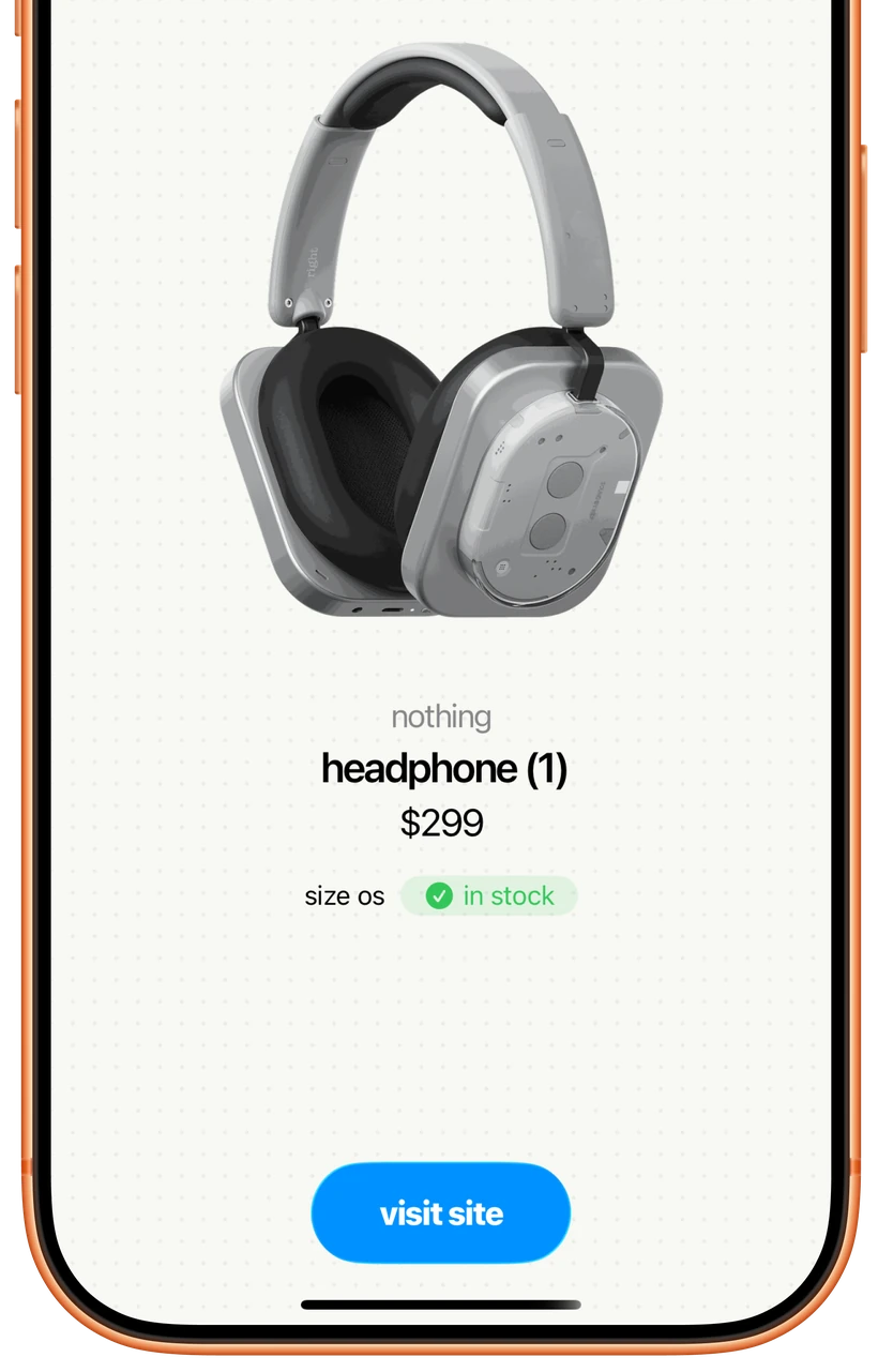 A saved product on an iPhone: nothing headphone (1), $299, in stock, with a visit-site button