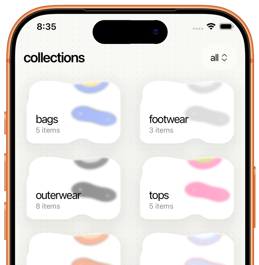 Pecca collections on an iPhone: bags, footwear, outerwear and tops