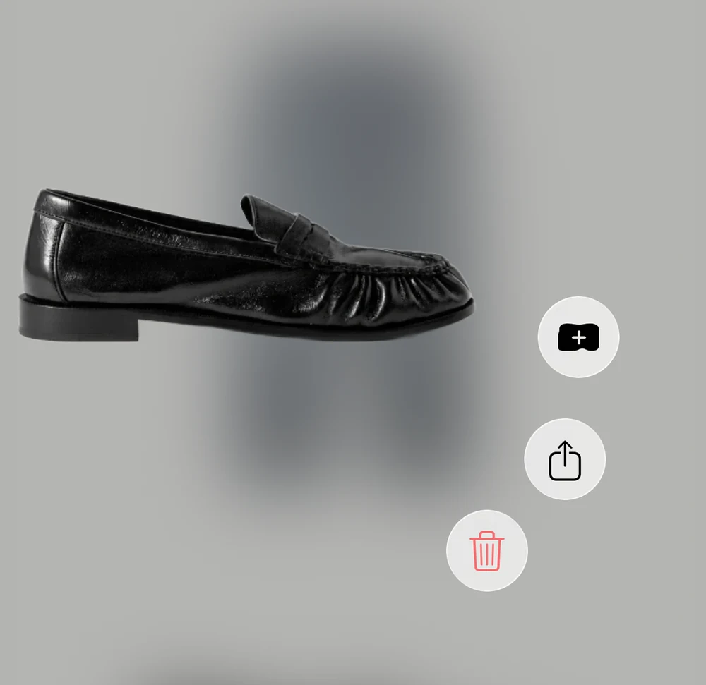 A saved loafer with add-to-collection, share and delete actions